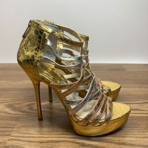 Michael Kors Maddie Dress Platform High Heels Sandals Rose Gold Multi Size 6.5M